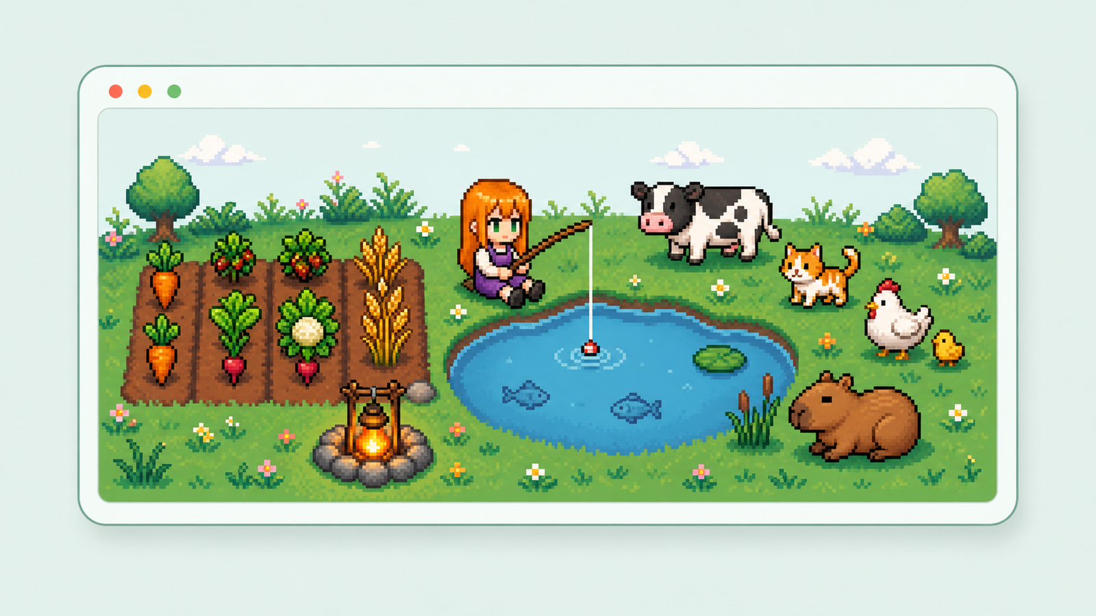 Tori fishing beside crops and animals inside a tiny desktop companion app window